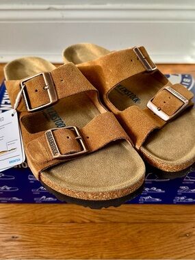 NWT Birkenstock Arizona Suede Double-Buckle Sandal, Size 40 Narrow in Mink